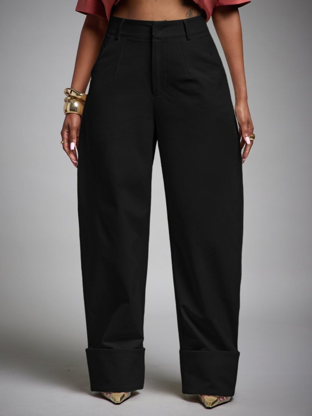 Black Casual Women's High Waist Fold Over Cuffed Hem Barrel Leg Trousers